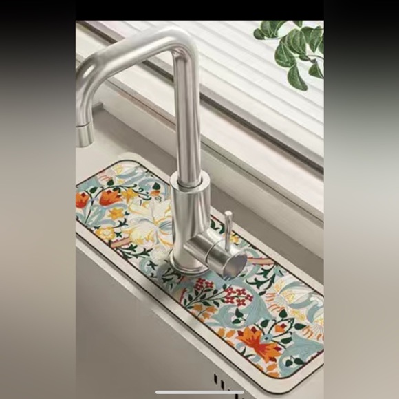 Floral Sink Faucet Mat Vintage Garden Absorbent Artificial Leather Easy to Clean - Picture 1 of 7